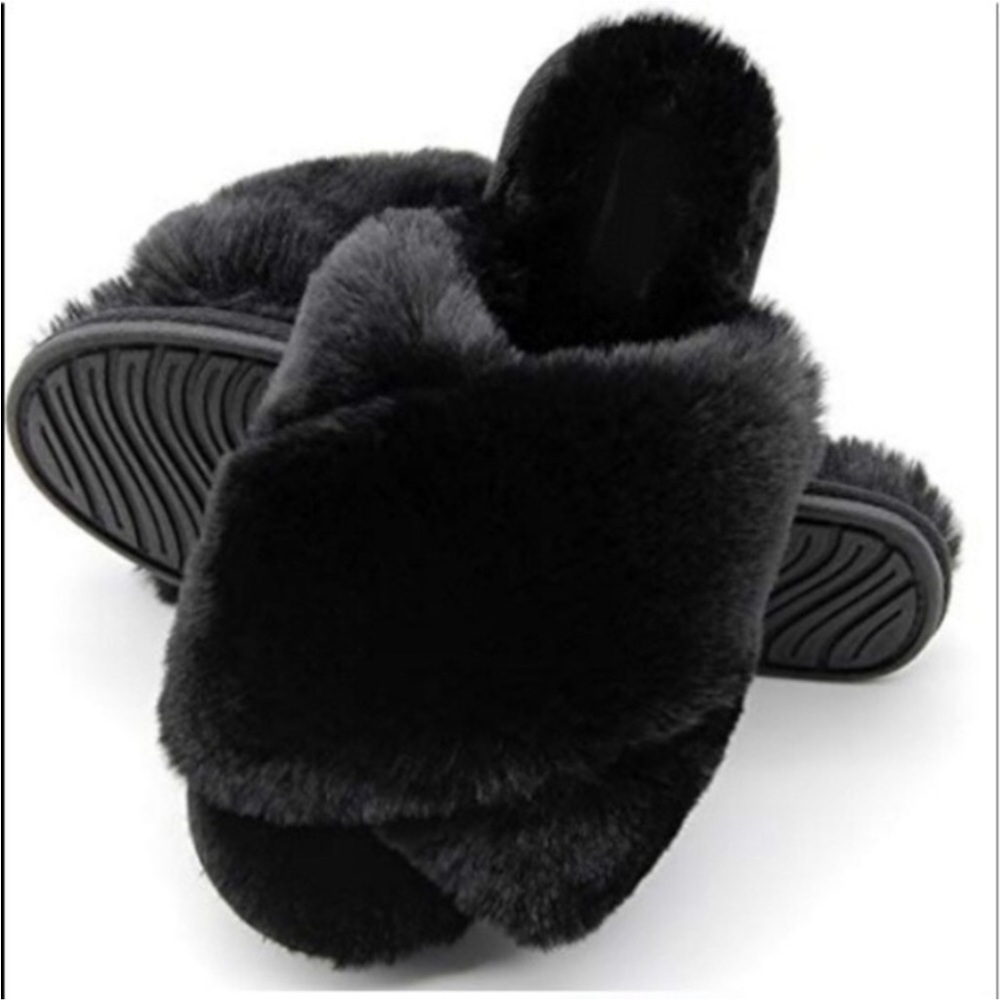 Fluff Faux Fur Cross Band Black Large Slide Slippers NEW